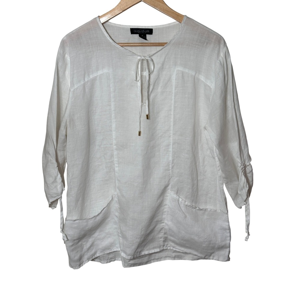August Silk Womens Top Linen Blend White 3/4 Sleeve Tie Neck Medium Flowy Resort